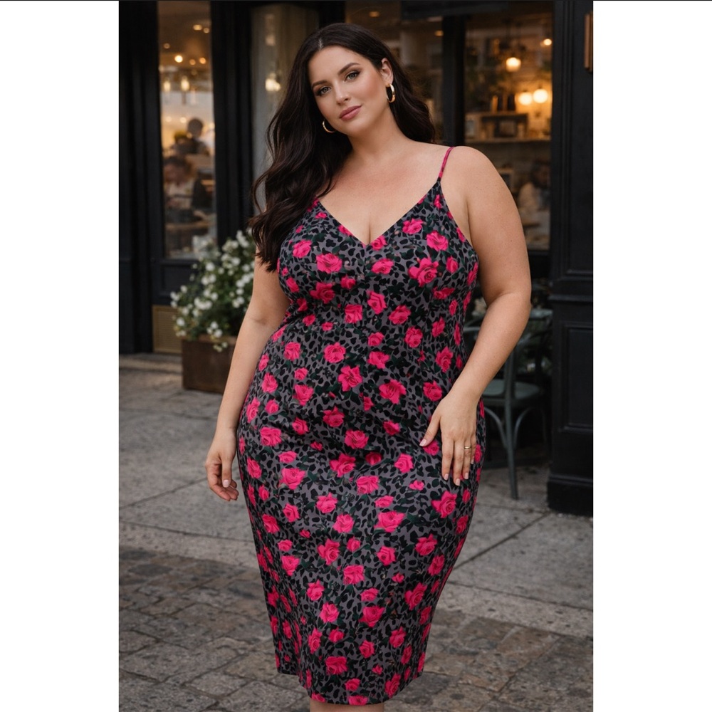 Floral Slip Dress Pink Rose Print Midi Bodycon Spaghetti Strap Y2K 90s Chic Date